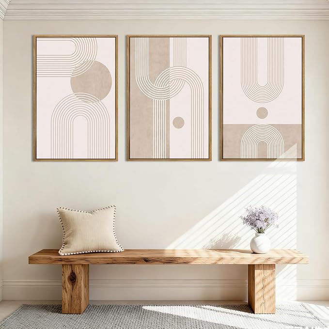 ANHUIB Extra Large Neutral Boho Abstract Canvas Wall Art Set of 3 Framed Mid Century Modern Wall Decor Beige Geometric Line Artwork Minimalist Prints 24x36 Inch Painting for Living Room Bedroom Dining Room Office