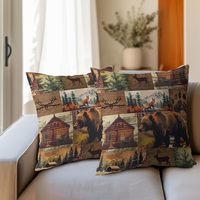 Kawani Cabin Bear Throw Pillow Covers 16x16 Inches - Set of 2 Rustic Lodge Wild Animals Deer Cotton Linen Square Decorative Pillowcase Cushion Case for Couch Home Living Room Decor