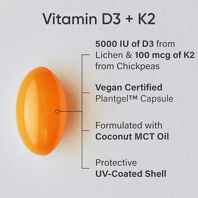 Sports Research® Vitamin D3 + K2 with 5000iu of Plant-Based D3 & 100mcg of Vitamin K2 as MK-7 | Non-GMO Verified & Vegan Certified (120ct)