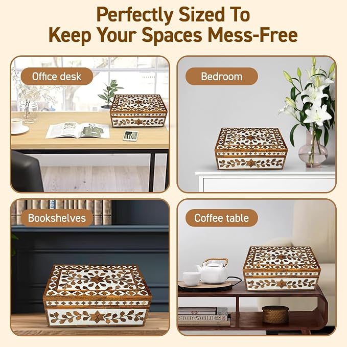 Perilla Home Home Decor Decorative Storage Wooden Box Small Floral Organizer Tool Stash Card Craft Treasure Trinket Memory Keepsake Jewelry Box for Men and Women, Gifts For All, Brown and Off White