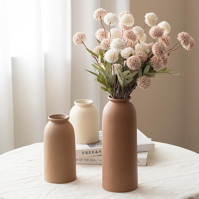 Large Decorative Ceramic Vase Set, 3 Pieces, Nordic Modern Boho Style, Earthtone Color Mix, Modern Farmhouse for Home Decor (XL Coffee Mix)
