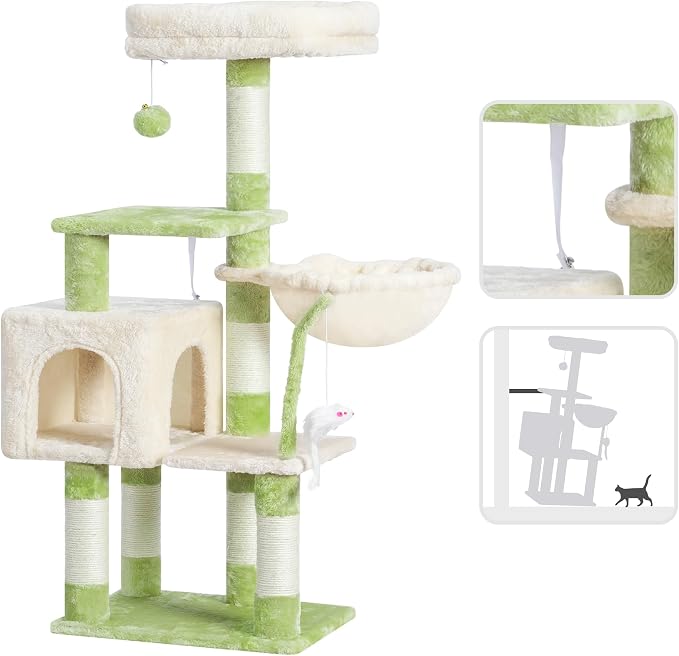 Heybly Cat Tree with Toy, 43.3 inch Cat Tower for Indoor Cats HCT004SGM | Cat Condo with Durable Sisal Scratching Posts, Cat House with Padded Plush Perch, Cozy Hammock, Green and Beige