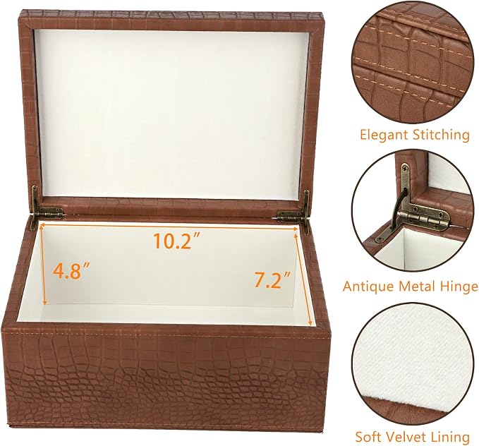 HofferRuffer Faux Leather Decorative Box, Large Wooden Structure Keepsake Box Accessory Organizer Jewelry Organizer with Hinged Lid, Storage Container for Home or Office (CrocoBrown)