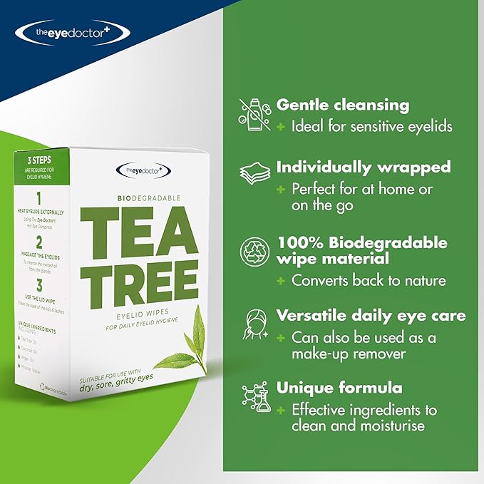 The Eye Doctor Tea Tree Oil Eyelid Wipes - 20 x Single Use Eye Cleaning Wipes for Daily Lid Care - Individual Preservative Free Sensitive Eye Cleaner - Soothes Cleans and Refreshes