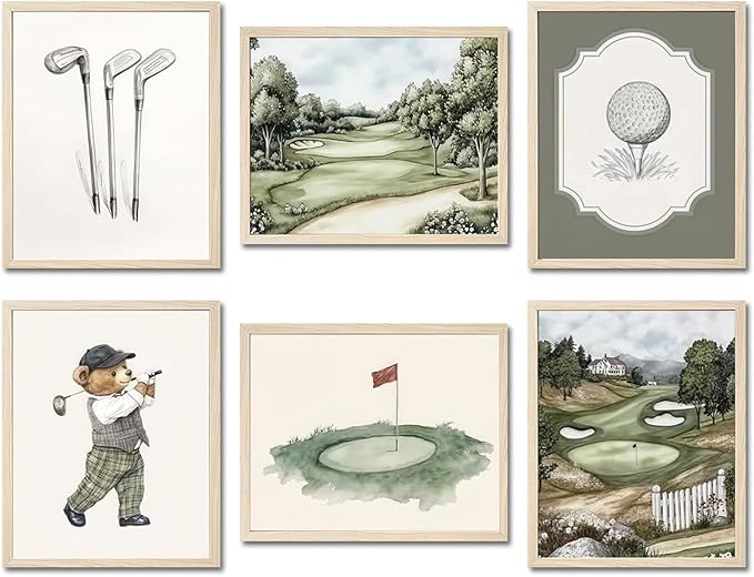 Mynotix Golf Nursery Canvas Poster Set of 6, Vintage Baby Boy Golf Sport Wall Art Teddy Bear Sage Green Kids Wall Decor Print for Living Room Bedroom Children's Room Unframed 12x16 inch