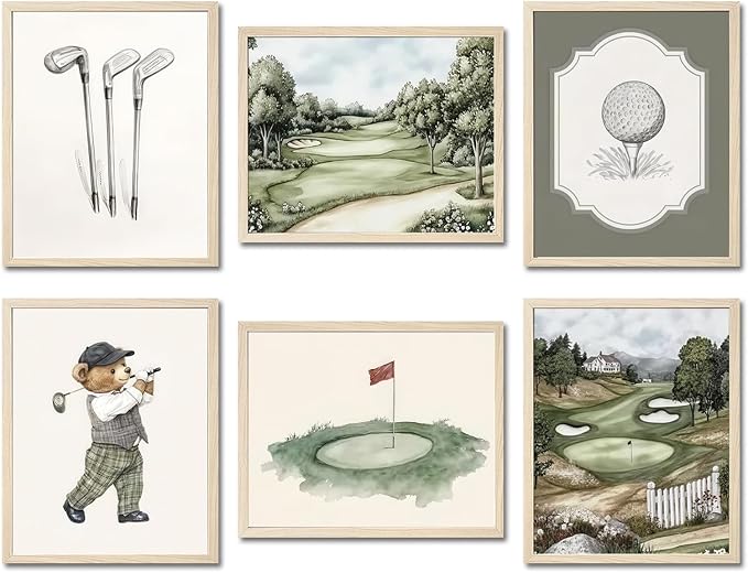 Mynotix Golf Nursery Canvas Poster Set of 6, Vintage Baby Boy Golf Sport Wall Art Teddy Bear Sage Green Kids Wall Decor Print for Living Room Bedroom Children's Room Unframed 8x10 inch