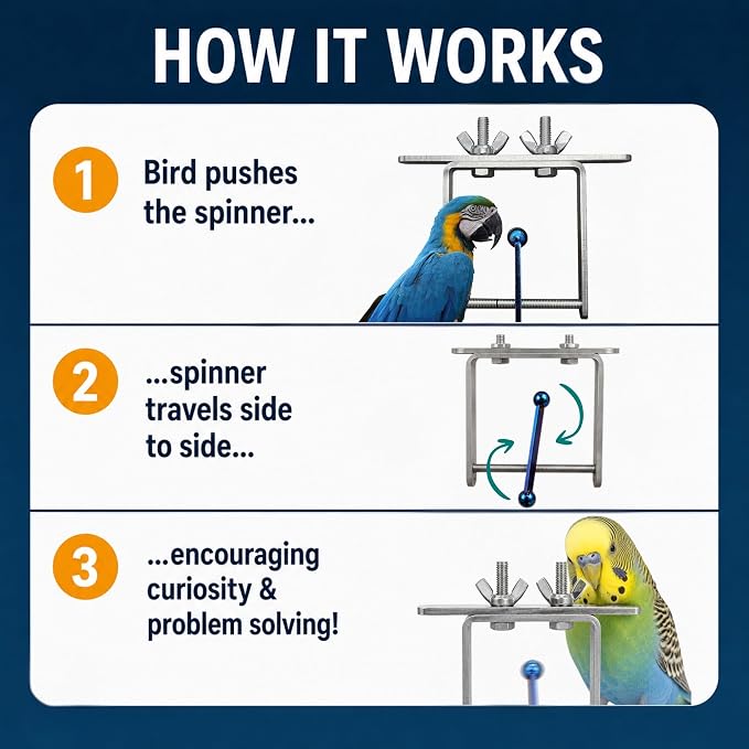 Bird Toys for Large Birds (Blue Spinner) Stainless Steel Bird Toy with Traveling Spinner | Macaw Toys | Durable Puzzle Enrichment Toy for Medium to Large Birds Cockatoos Parrot | Bird Cage Accessories