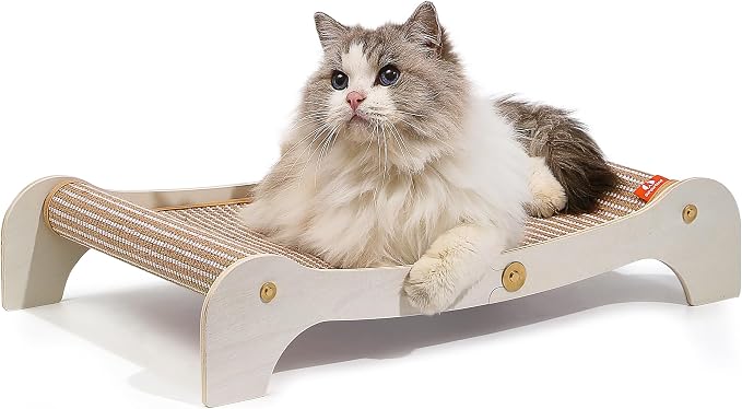 Cat Scratcher Bed for Indoor Cats, Large Wooden Hammock with Natural Jute Pad, 2-in-1 Scratcher Lounge Chair to Protect Furniture (Large)