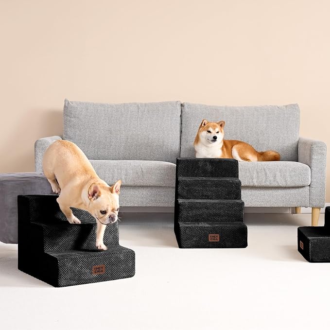 EHEYCIGA Dog Stairs for Small Dogs 13.5" H, 3-Step Extra Wide Dog Steps for Couch Sofa and Chair, Pet Steps for Medium Cats, Non-Slip Balanced Pet Ramp Indoor, Black