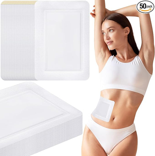 Geiserailie 50 Pcs Castor Oil Pack Wrap Bulk Disposable Leak Proof Organic Cotton Castor Oil Patches Self Adhesive Pads for Belly Waist Stomach Knee Back Neck Arm(7.9 x 5.5 Inches)