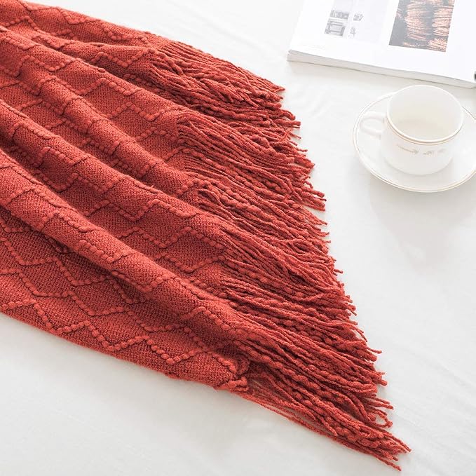 BOURINA Rust Throw Blanket 60x80 Inch Boho Knitted Soft Throw Sofa Blanket | Knitted Throw Blanket 60x80 Inches, Soft Lightweight Boho Weave Throw Decorative Couch Blanket for Living Room Bedroom Chair