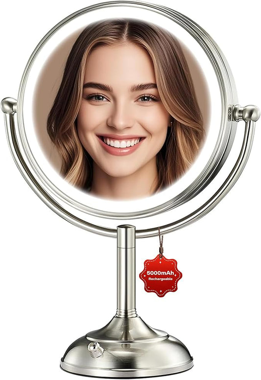 VESAUR 9" Upgraded Lighted Makeup Mirror, 5000mAh Rechargeable 1X/10X/20X HD Magnifying Mirror with 3 Lights Colors, Brightness Adjustable, 360° Rotation Seamless Vanity Mirror, Nickel, Gift Box