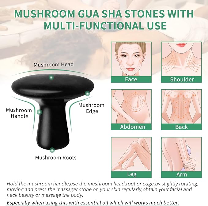 Hot Stones for Massage-6 Large Essential Basalt Massage Stones Set (3.15in) with 2 Mushroom Shape Gua Sha Facial Tools, Massage Tools for Professional or Home SPA, Relaxing, Pain Relief