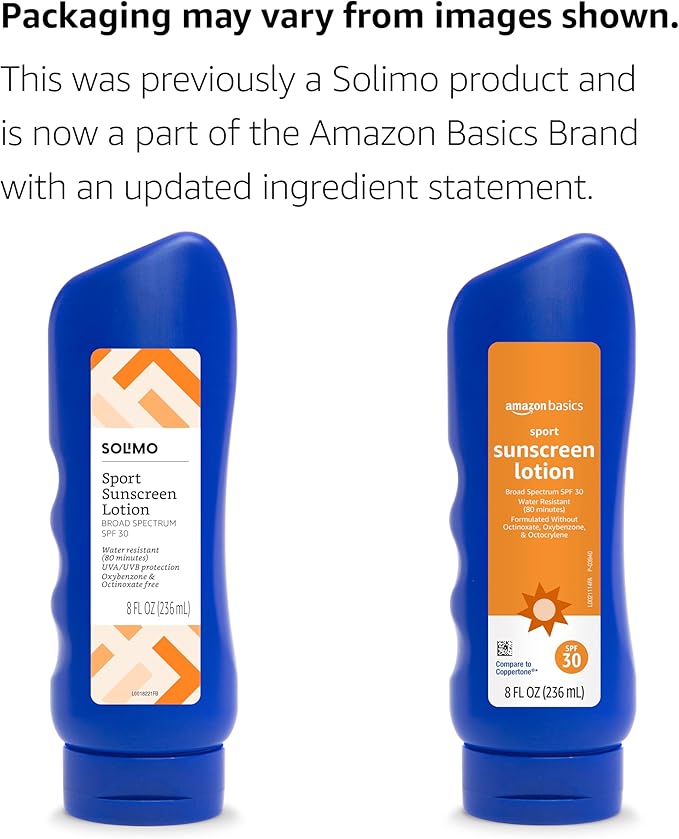 Amazon Brand - Solimo Sunscreen Lotion, SPF 30, Broad Spectrum | Reef Friendly | Octinoxate Free | Oxybenzone Free | 8 fl oz Pack of 2