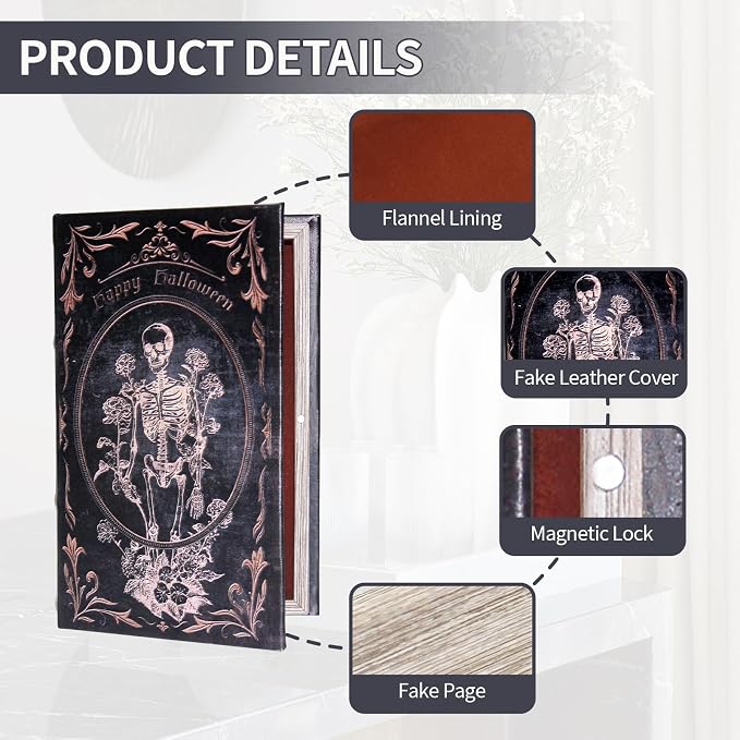 Decorative Vintage Book Shaped Trinket Storage Box | Halloween Skull Embossed Pattern,Halloween Decoration Faux Book Boxes,Gothic Style Decorated Storage Box