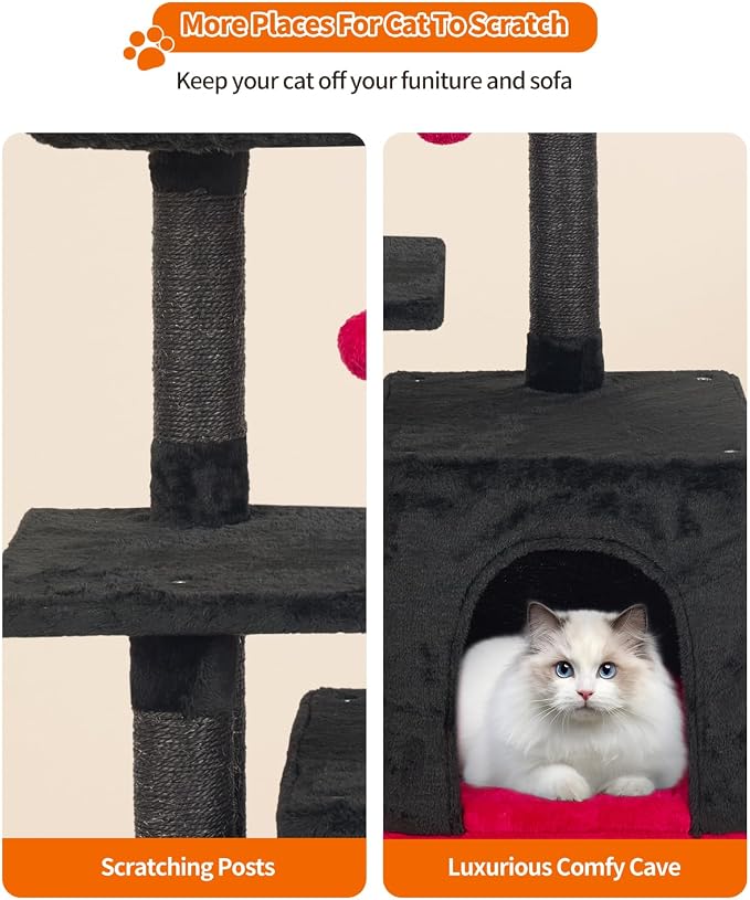 Cute Cat Tree Kitten Cat Tower Condo Cat Furniture Sisal Scratching Posts K | FISH&NAP For Indoor Jump Platform Activity Center Play House Red and Black