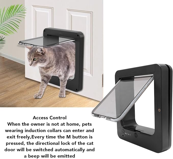 Smart Pet Door, Automatic Unlocking Weatherproof for Cats, 4 Modes with Sensing Collar Control, 210mAh Battery for Home (Black + Remote Control)