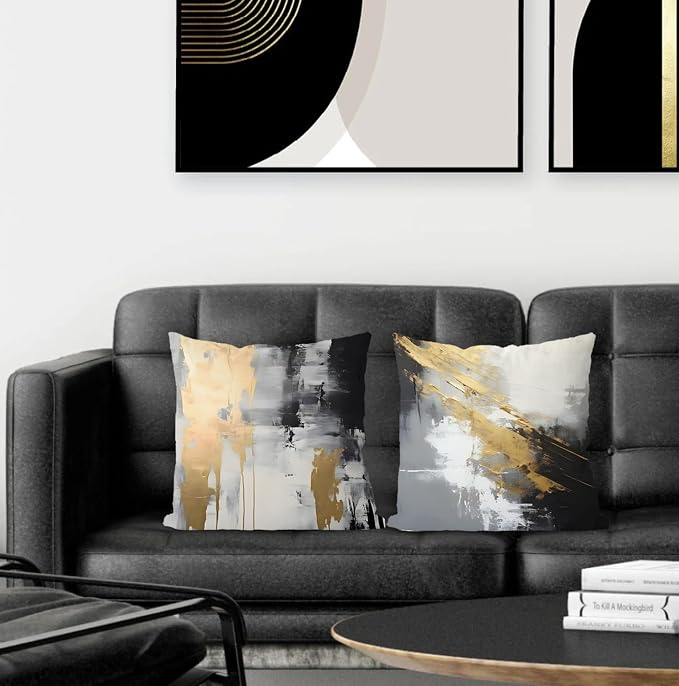 White Black and Gold Pillow Covers 18x18 Set of 2, Modern Black and White Pillow Covers for Couch Bed Living Room