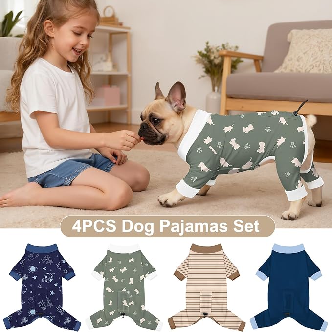 Bienbee Dog Pajamas, 4 Pack Adjustable Onesies for Small to Large Dogs XS | Dog Shedding Suit with Soft Fabric, Breathable & Stretchy, and Adjustable Back Length for Sleeping Lounging and Daily Use
