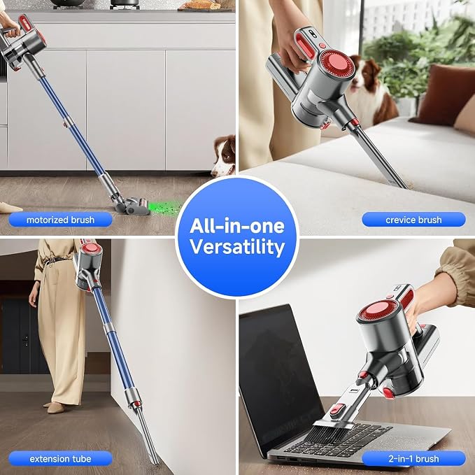 Cordless Vacuum Cleaner, Powerful Stick Vacuum with Green Light Anti-Tangle Brush, Removable Battery, 6-in-1 Lightweight Handheld for Pet Hair, Carpet & Hard Floors, Red
