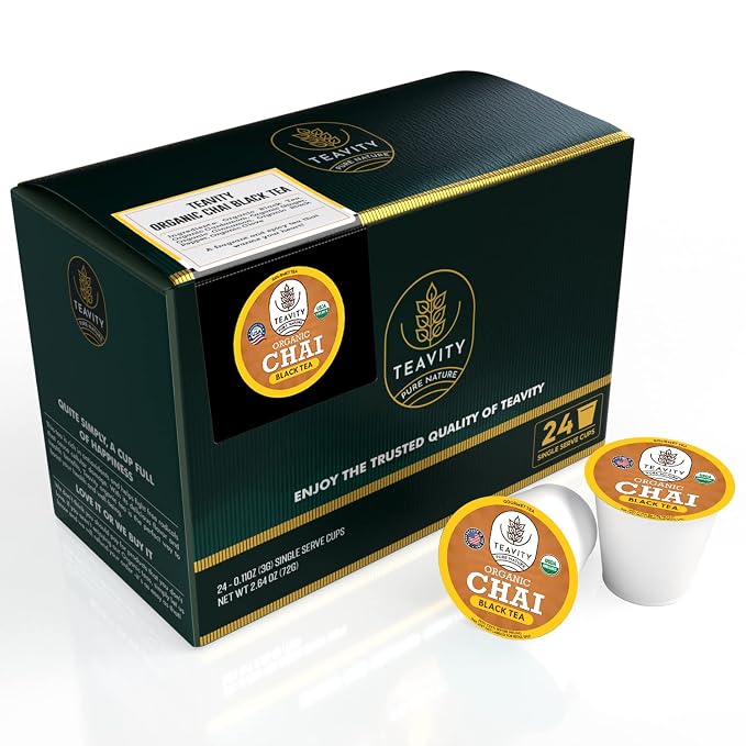 Organic Chai Black Tea Pods for Keurig Naturally Caffeinated by Teavity (24 Tea Pods)