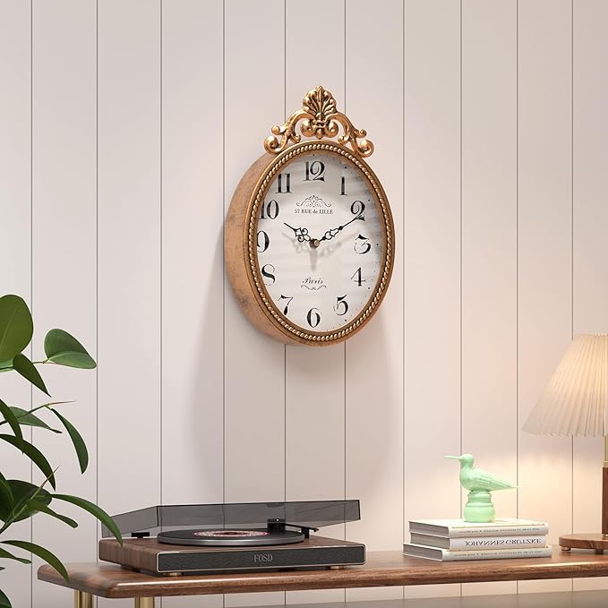 Abdurey Small French Retro Decor Wall Clock,Antique Gold Vintage Oval Style | Silent Battery Operated Boho Decorative Wall Clocks for Farmhouse,Kitchen,Bedroom,Bathroom(10.4"H x 6.7"W)