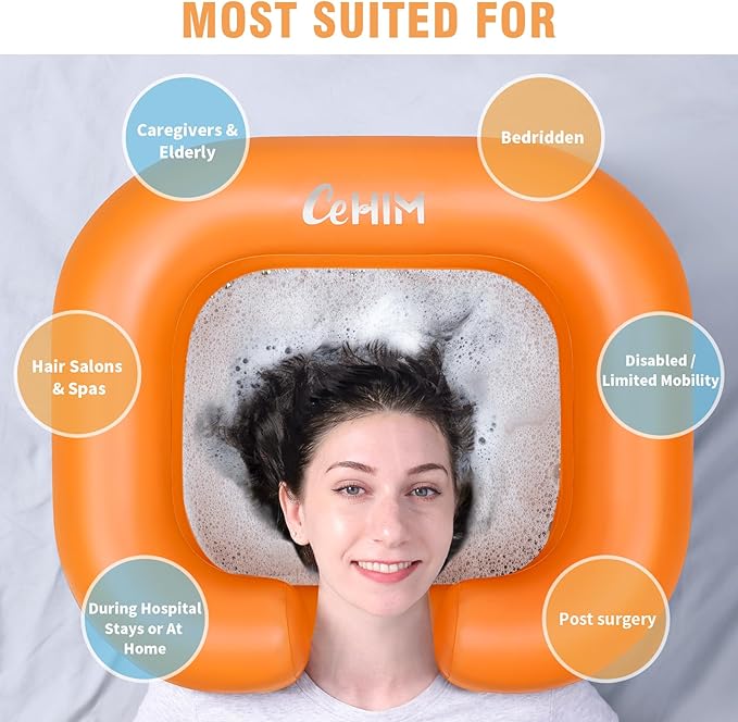 Inflatable Shampoo Basin - Portable Shampoo Bowl, Hair Washing Basin for Bedridden, Disabled,Injured, Hair Wash Tub for Dreadlocks and at Home Sink Washing (Orange)