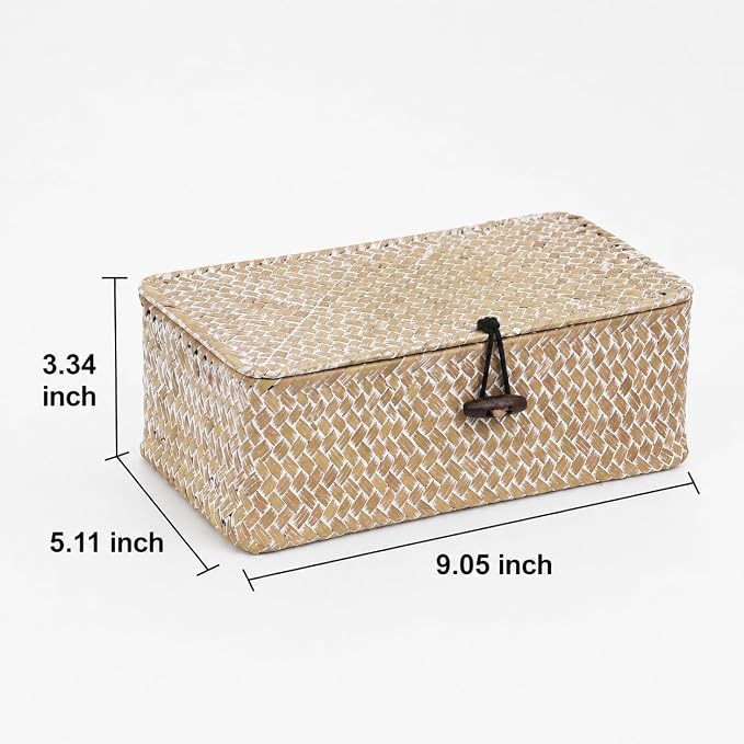 Seagrass Wicker Storage Basket with Lid, Small, Whitewash | 9.05 x 5.11 x 3.34 Inch Box, Shelf Organizer, Rectangular Woven Bin, Small Item Storage, Decorative Finish
