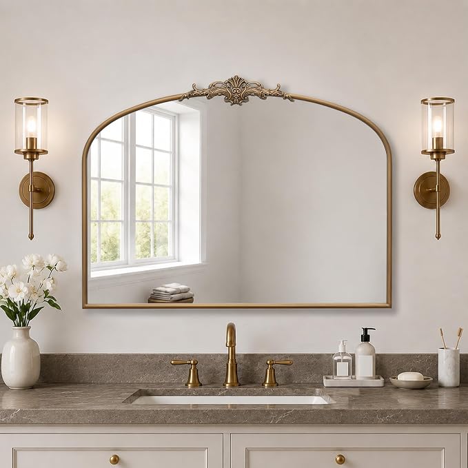 Besdomus Vintage Arched Gold Mirror: 40"x29" Large Brass Antique Decorative | French Baroque Metal Framed Mirrors - Traditional Ornate for Entryway/Bedroom/Fireplace/Bathroom - Ideal for Home Renovations