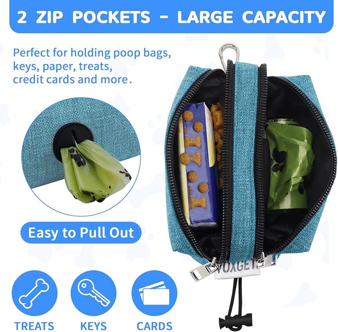Dog Poop Bag Holder with Treat Pouch, 2 Zipper Pockets & Leash Clip