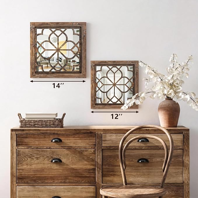 Set of 4 14 Inch Square Redbrown Window Pane Wall Mirrors, Shatterproof Rustic Farmhouse Boho Vintage Decorative Mirrors for Living Room Bedroom Bathroom Entryway