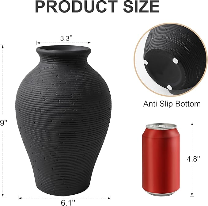 Ceramic Flower Vase Home Decor, 9 in Farmhouse Table Vases Rustic Vintage Living Room Kitchen Bedroom Pottery Decorative Vases for Flowers House Book Shelf Office Coffee Desk Dining Entryway, Black