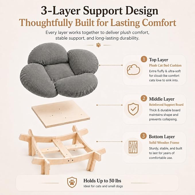 Elevated Cat Bed Wooden Frame, Sofa Furniture with Washable Cushion (Gray) | Soft Beds with Extra Filling prevent flattening, while Stable Wooden Frame with Base Board supports 50 lbs for Kitty & Puppy.