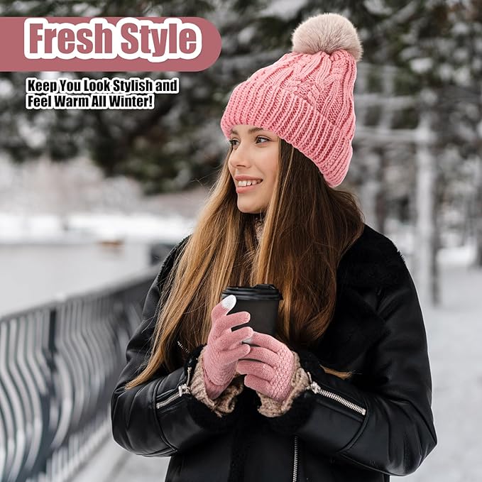 SATINIOR 5 Pcs Winter Hat Scarf Gloves Set Fleece Warm Lined Knit Beanie Hat Touch Screen Earmuff Gloves Warmer for Women(Pink,Fresh Style)