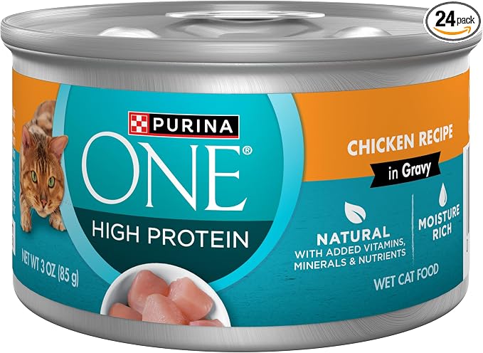 Purina ONE High Protein Wet Cat Food, Chicken, (24) 3 oz Cans | High protein, moisture rich, chicken in gravy recipes made with no artificial colors, flavors or preservatives for adult cats