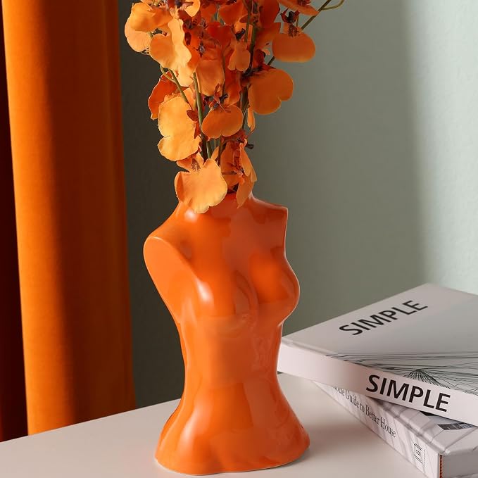 hjn Small Ceramic Vase for Flowers Modern Art Vase for Living Room/Home Decor Accents/Bookshelf/Mantel-Orange
