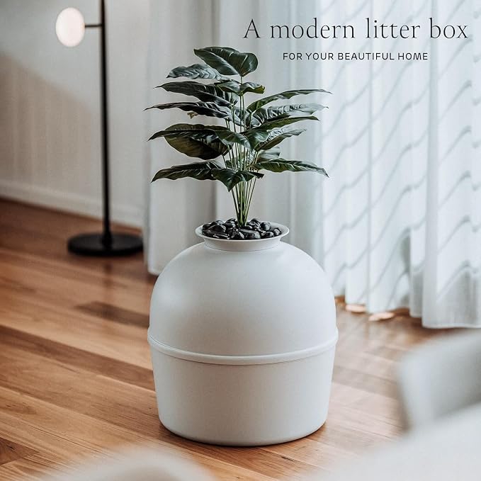 Secret Litter Box by Bundle & Bliss - Hidden Litter Box Enclosure, Patented Design with Odor Control, Includes Faux Plant, Carbon Filter and Real Stones (Soft Grey)