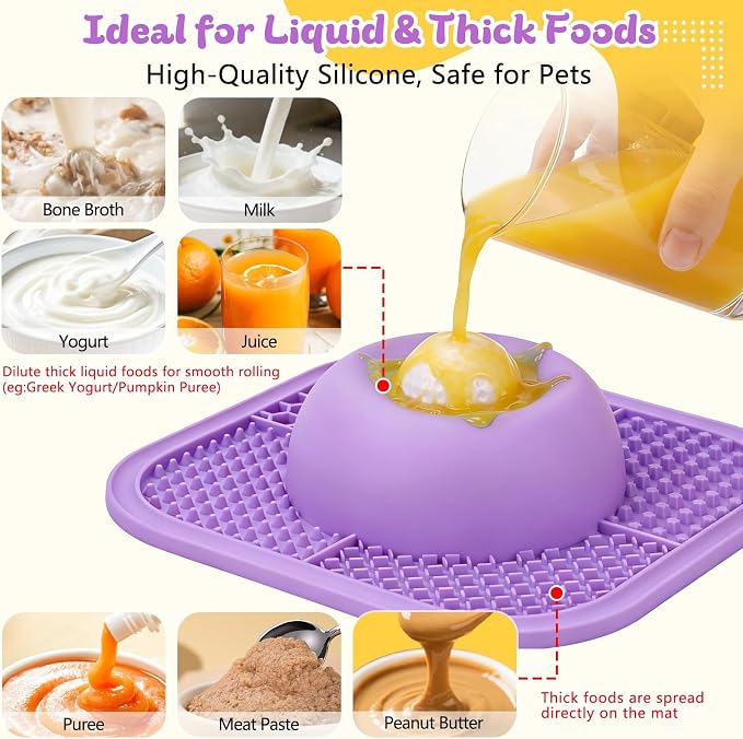 Slow Feeder Dog Bowls & Lick Mat for Liquid and Thick Treat, Anti-Slip Dog Lick Bowl with Interactive Rolling Ball, 5/6 Cup Pup Licking Toy for Large Medium Small Dogs and Cats Purple
