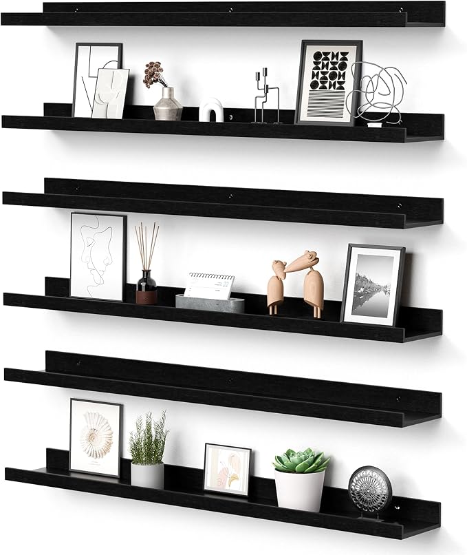upsimples Floating Shelves for Wall Decor and Storage, Black, 6Pcs 35.5'' | Wall Mounted Wood Shelves for Living Room, Bedroom, Kitchen, Office, Nursery Room, Coffee Bar Display and Organize