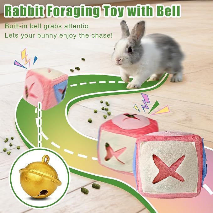 Rabbit Foraging Toy with Bell,Puzzle Feed Game Guinea Pig Fun Enrichment Toys Boredom Relief,Washable Snuffle Interactive Treat Ball Dispenser Exercise Bunny Toys for Indoor Bunnies(Pink)