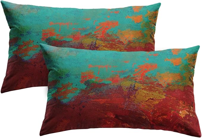 Throw Pillow Covers Set of 2, 12 x 20 Inch, Turquoise Burnt Orange | Abstract Modern Art Outdoor Decorative Square Pillow Cases Couch Cushion Case for Couch Bed Sofa Living Room Home Decor
