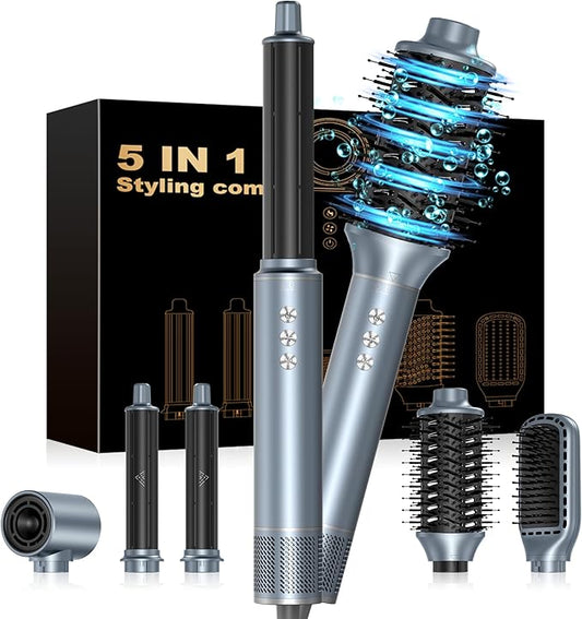 Hair Dryer Brush 5 in 1 Autowrap Hot Air Hair Styler with High-Speed Aluminum Alloy Blow Dryer Brush Volumizing, Straightening & Fast Drying with Negative Ion, No Heat Damage (Blue Silver)