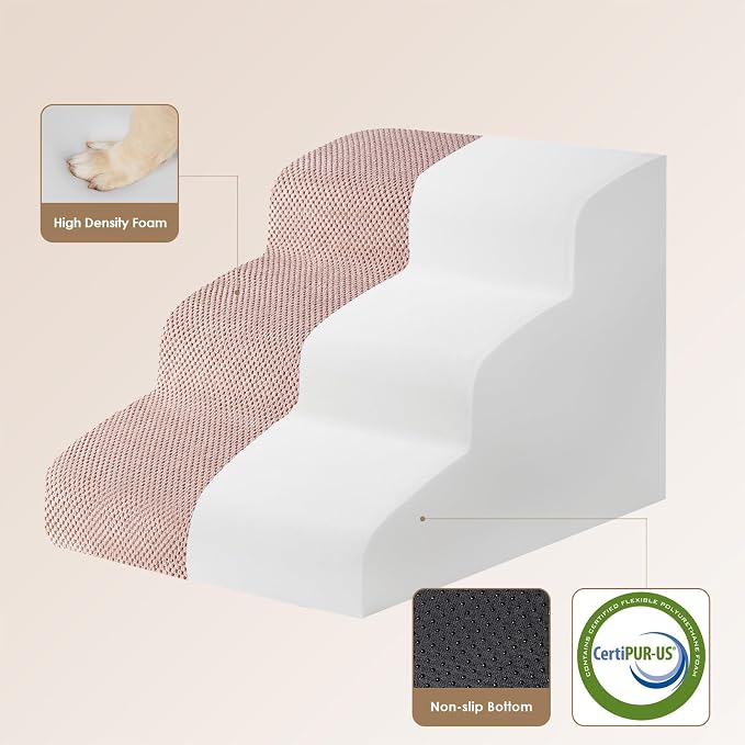 EHEYCIGA Curved Dog Stairs Ramp, 3-Step Dog Steps, 15.7" H Pet Step | 33D density of pure foam, for Small Dogs and Cats, Pet Stairs for High Bed Climbing, Non-Slip Balanced Indoor, Dusty Pink