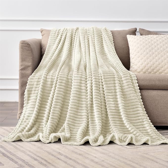 BEDELITE 3D Ribbed Jacquard Beige King Size Blankets for Bed, 108x90 Inch | Soft Warm Decorative Fluffy Blanket, Cozy Fuzzy Lightweight Plush Fleece Throw Blankets for Bed, Room Decor, Gift for Women