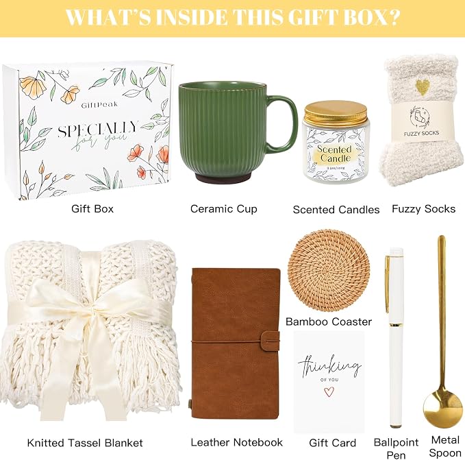 Get Well Soon Gifts for Women, Sympathy Gift Baskets, Thinking of You Care Package, Sending Hugs Box, After Surgery Feel Better Gifts with Snuggly Knitted Tassel Blanket (Ivory)