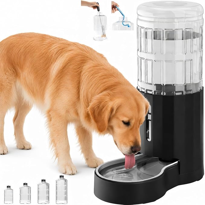 CZPET Dog Water Dispenser, Widen Mouth Gravity Refilling (9.5L, Black) | Upgraded Brush, Easy to Clean Automatic Dog Waterer with Removable Stainless Steel Bowl, Large Drinking Area for Multi-Pet