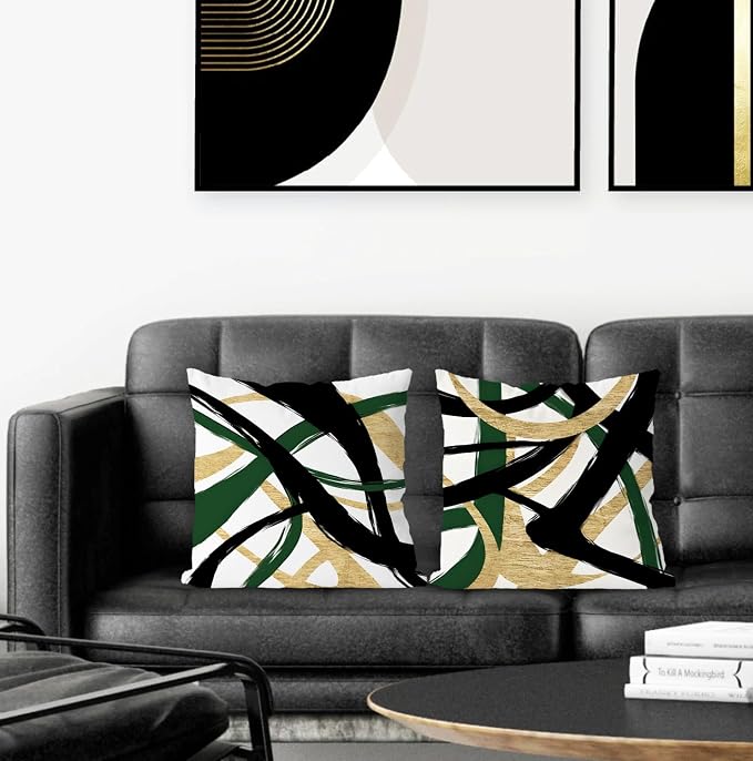 Black Gold and Green Pillow Covers, Abstract Black and Gold Pillow Covers 24x24 Set of 2, Modern Boho Decorative Throw Pillows Cover for Couch Bed Living Room