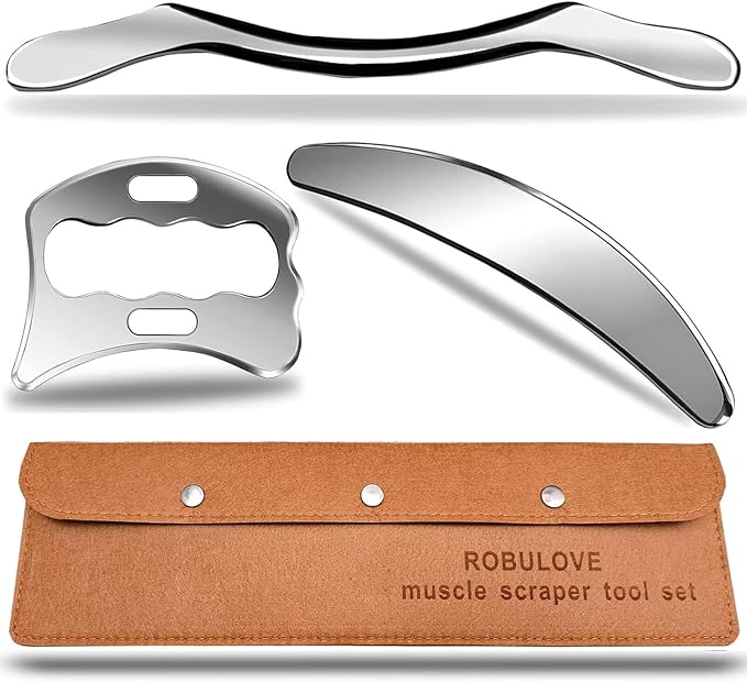 Professional Stainless Steel Muscle Scraper Tool Set, 3-Piece Physical Therapy and Myofascial Release Tools for Soft Tissue Massage 14inch Long bar(Double Edge)