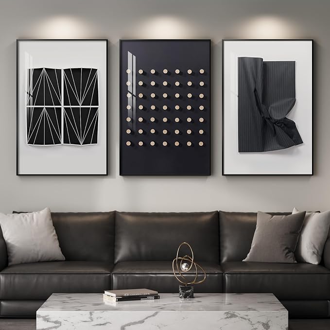 Large Framed Modern Elegant Black and White Abstract Wall Art for Living Room, 3 Piece Contemporary Prints Paintings, Big Size Geometric Pictures for Bedroom Entryway Home Office Wall Decor 24x36 In