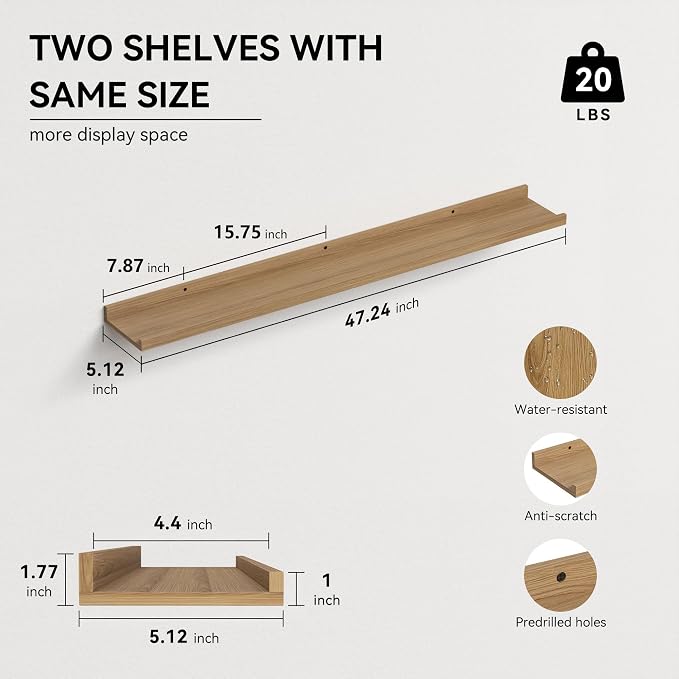 Boswillon Floating Shelves Set of 2, Long Wall Shelf with Lip, 48in, Oak | Display Ledge Shelf for Room Wall, Wall Decor Shelves for Bathroom, Living Room, Bedroom, Kitchen, Nursery Room, Rustic, Wood